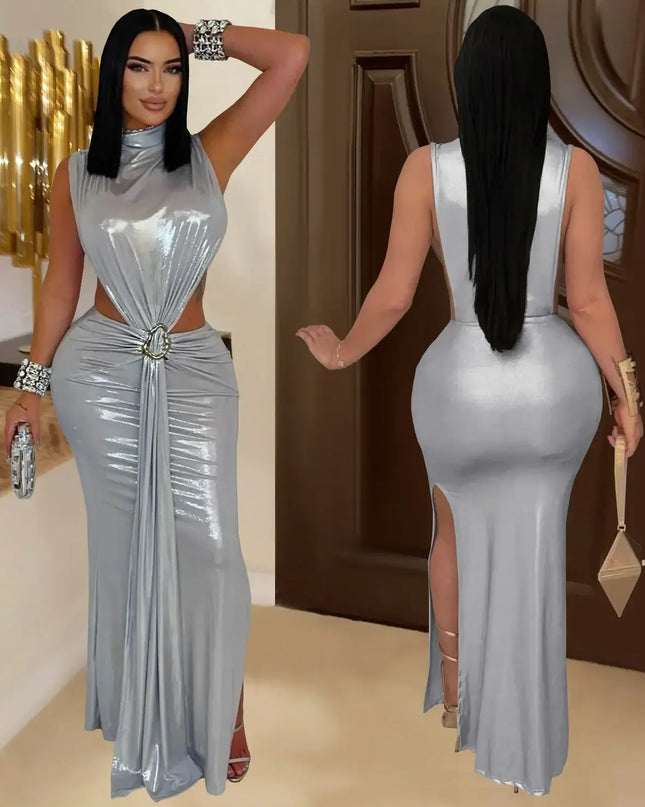 CM.YAYA Women's Gilding Cutout Bodycon Maxi Dress with elegant silver design and contemporary cutouts