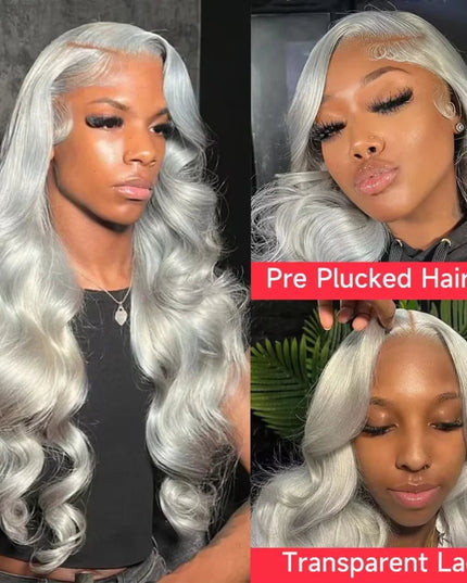 Collage of a woman with silver hair styled in different ways, highlighting pre-plucked hairline and transparent lace features.