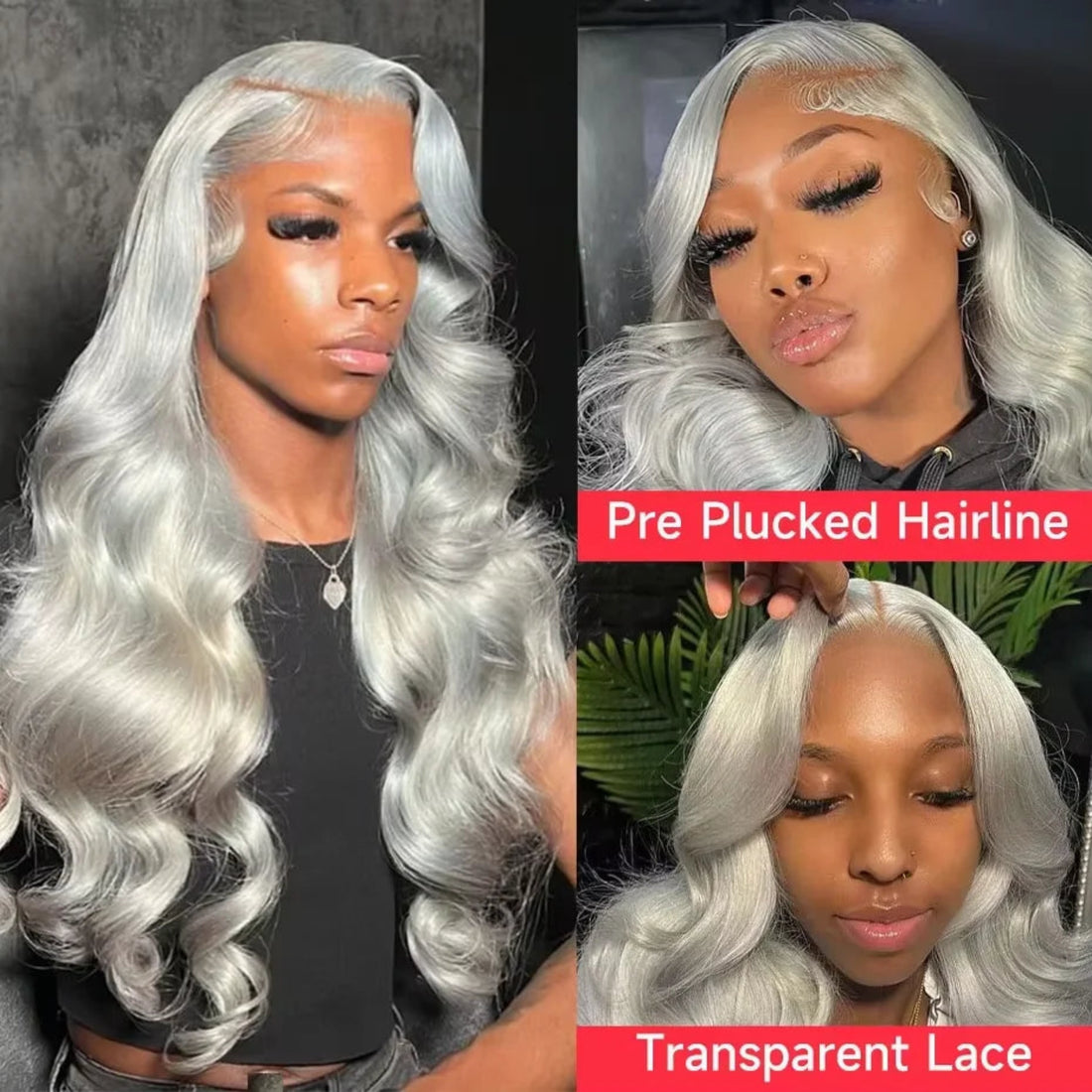 Silver wig shown on a person and a mannequin head with promotional text at the bottom.