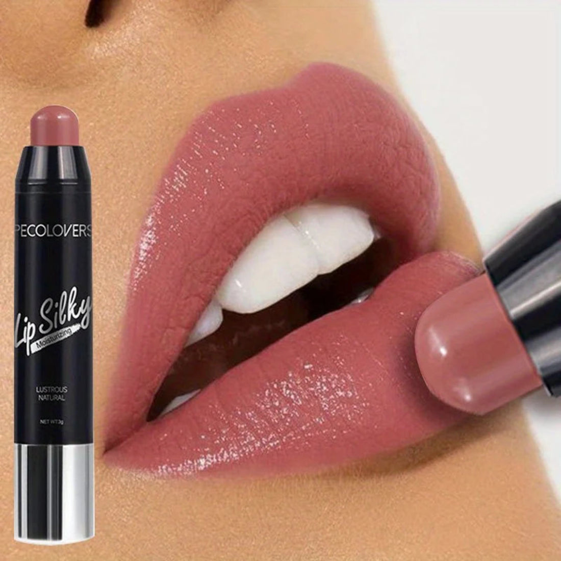 Lipstick being applied to lips with ECOLOVERES branding