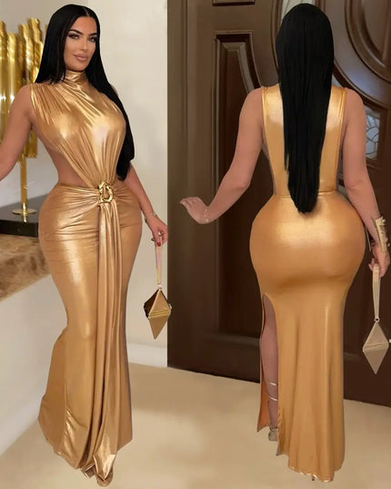 CM.YAYA women's gilding cutout bodycon maxi dress showcasing elegant cutouts and figure-hugging design in gold.