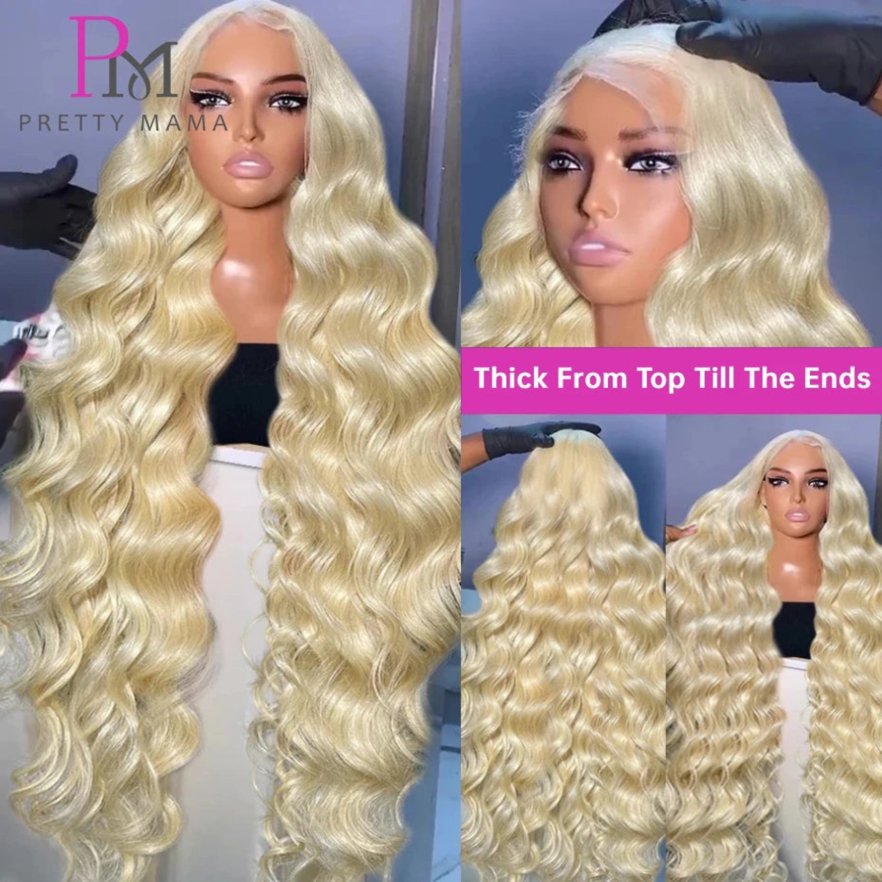 Blonde wig on a mannequin head with close-up of hair texture, branded 'Pretty Mama'.