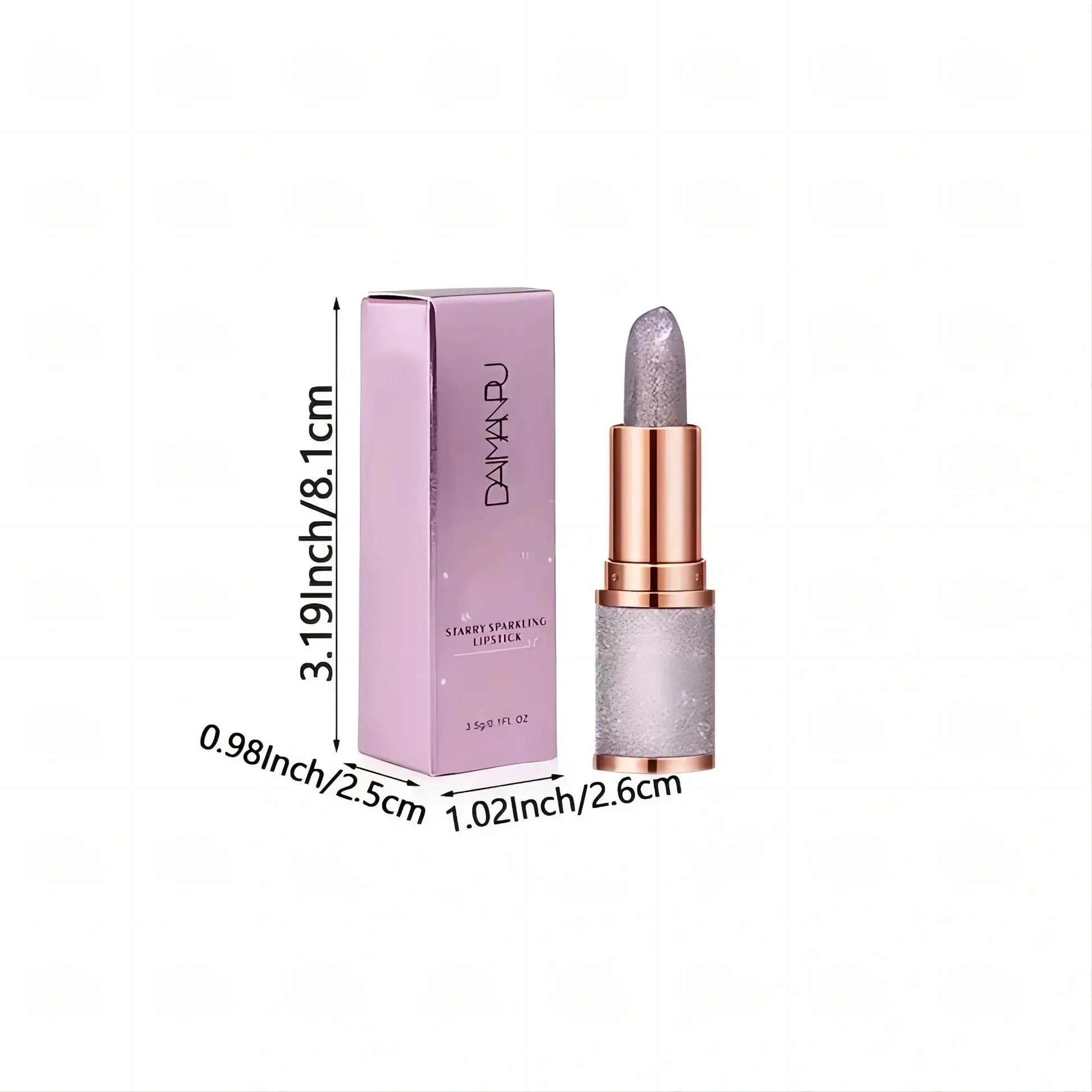 Lipstick with packaging and measurements on a white background