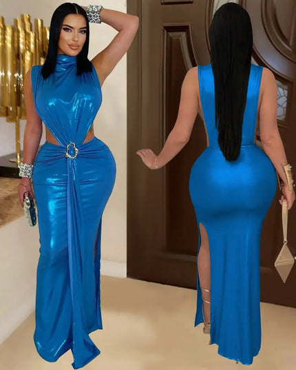 CM.YAYA Women's Gilding Cutout Bodycon Maxi Dress showcasing a sleek blue design, front and back views.