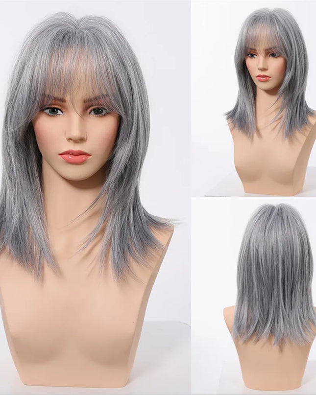 Blonde Synthetic Wigs with Bangs Medium Length Layered Straight Wig Natural Highlight Hair