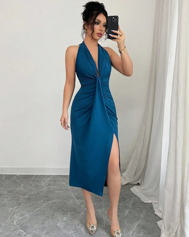 Elegant Blue Halter Neck Dress For Women.