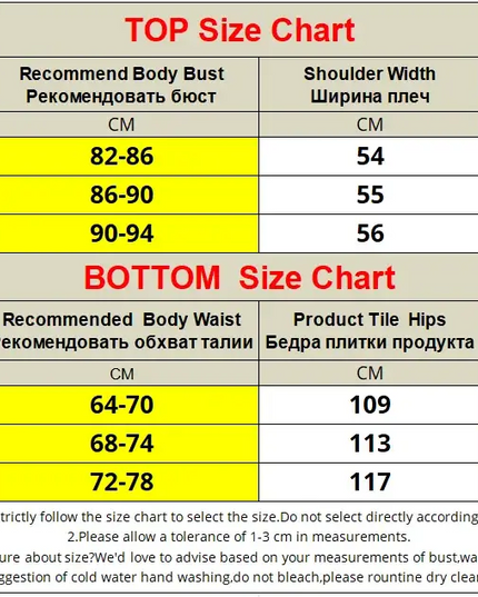 Size chart for tops and bottoms with Russian measurements
