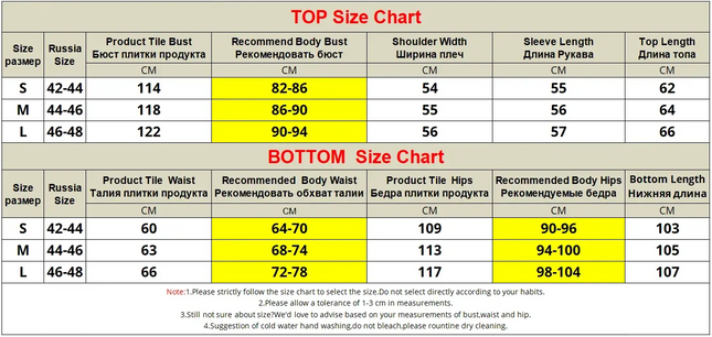 Size chart for tops and bottoms with Russian measurements