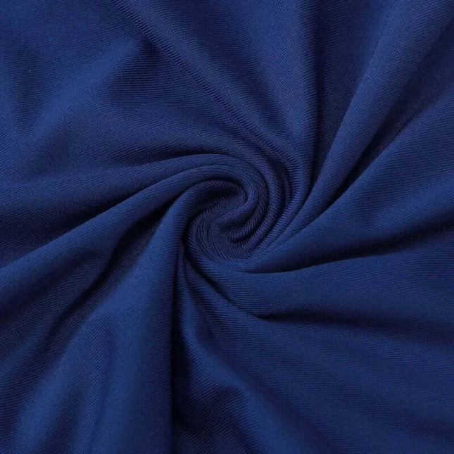 Close-up of navy fabric showcasing the soft texture and stretch perfect for a sexy strapless summer dress.