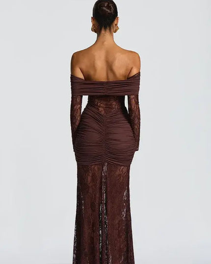 Brown off-shoulder gown with lace details on a white background