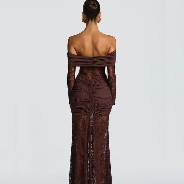 Brown off-shoulder gown with lace details on a white background