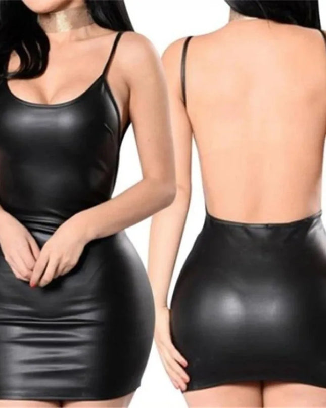 Black leather dress shown from front and back on a white background
