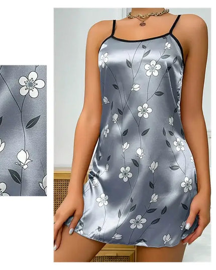 Women's Sleepdress Satin Floral Print Nightdress Comfortable Spaghetti Strap Sleepwear Dress Luxurious Satin Slip Nightdress