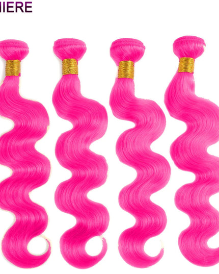 Four bundles of pink hair extensions with gold bands on a white background, branded 'LUMIERE'.