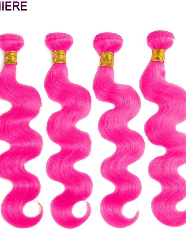 Four bundles of pink hair extensions with gold bands on a white background, branded 'LUMIERE'.