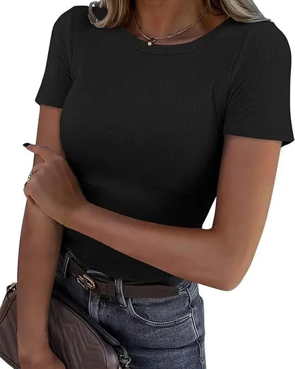 European and American new women's long sleeved elastic round neck ribbed T-shirt slim fit casual basic top