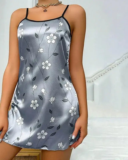 Women's Sleepdress Satin Floral Print Nightdress Comfortable Spaghetti Strap Sleepwear Dress Luxurious Satin Slip Nightdress