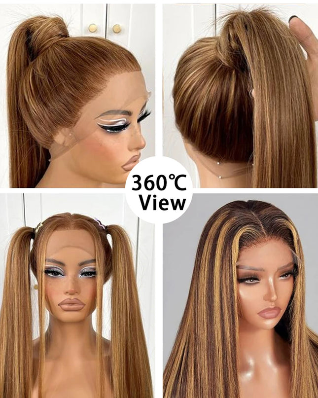 Collage of a brown wig styled in various ways on a mannequin head.