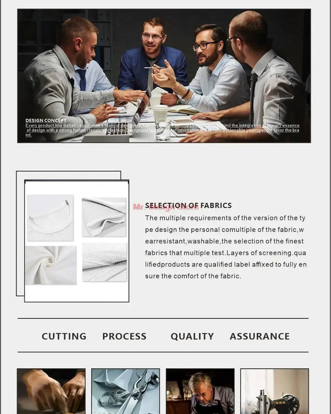 Brand process image showcasing team discussing fabric selection for high-quality clothing production.
