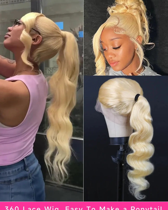 Collage of a blonde 360 lace wig styled in various ways with text '360 Lace Wig, Easy To Make a Ponytail'.