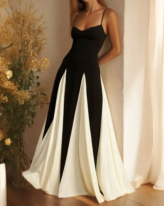 Fashion Sling Color Contrast Evening Party Dress featuring a V-neck and high waist design, perfect for holiday parties.