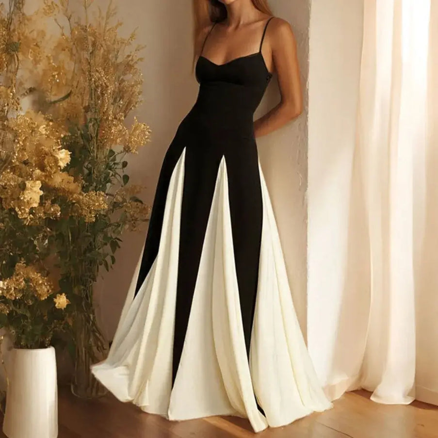 Fashion Sling Color Contrast Evening Party Dress featuring a V-neck and high waist design, perfect for holiday parties.