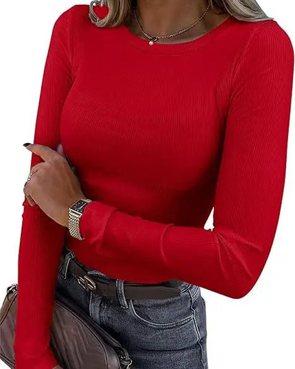 European and American new women's long sleeved elastic round neck ribbed T-shirt slim fit casual basic top