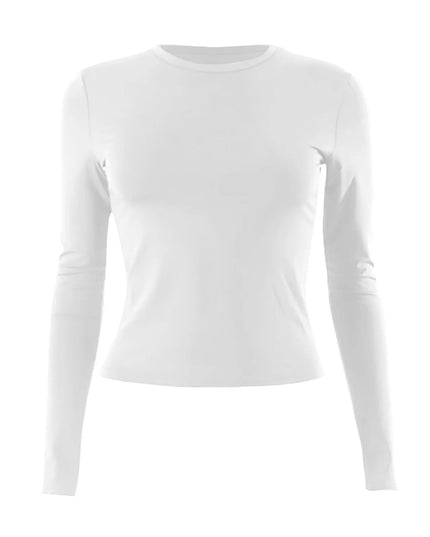 Women's Long Sleeve O-Neck Crop Top – Slim Basic Tee in white color, perfect for versatile and stylish outfits.
