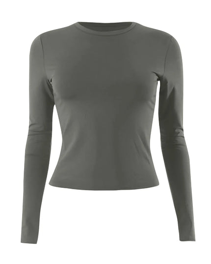 Women's Long Sleeve O-Neck Crop Top – Slim Basic Tee in olive green color.