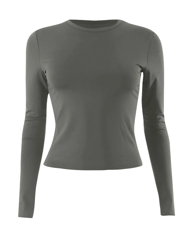 Women's Long Sleeve O-Neck Crop Top – Slim Basic Tee in olive green color.