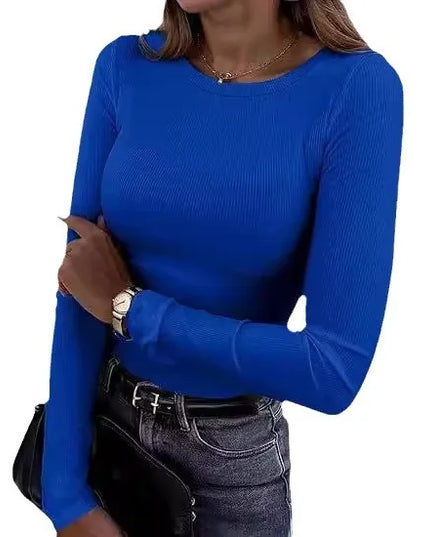 European and American new women's long sleeved elastic round neck ribbed T-shirt slim fit casual basic top