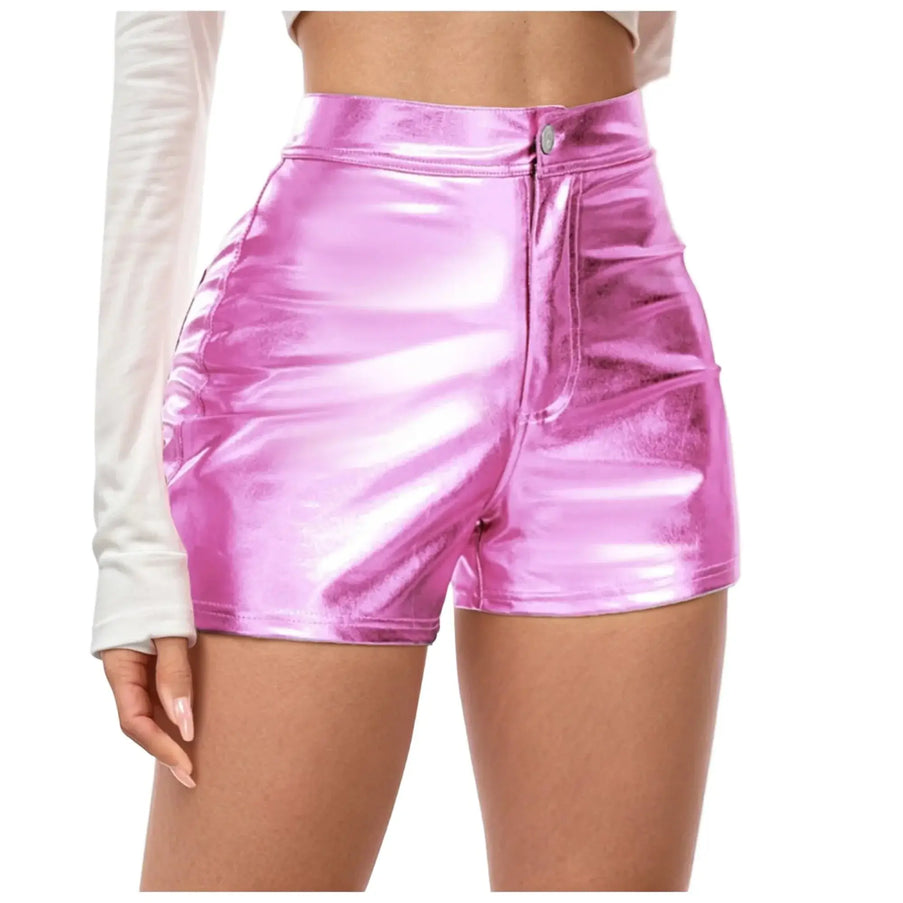 Pink metallic shorts worn by a person on a white background