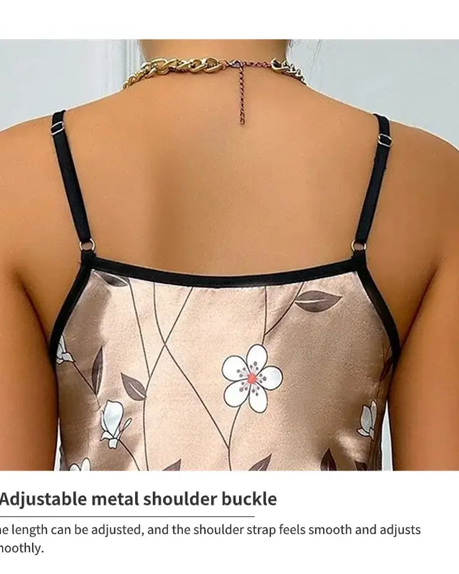 Women's Sleepdress Satin Floral Print Nightdress Comfortable Spaghetti Strap Sleepwear Dress Luxurious Satin Slip Nightdress