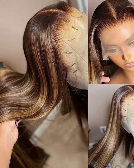 Straight honey blonde highlight ombre wig with a natural look and preplucked hairline, ideal for cosplay and parties.