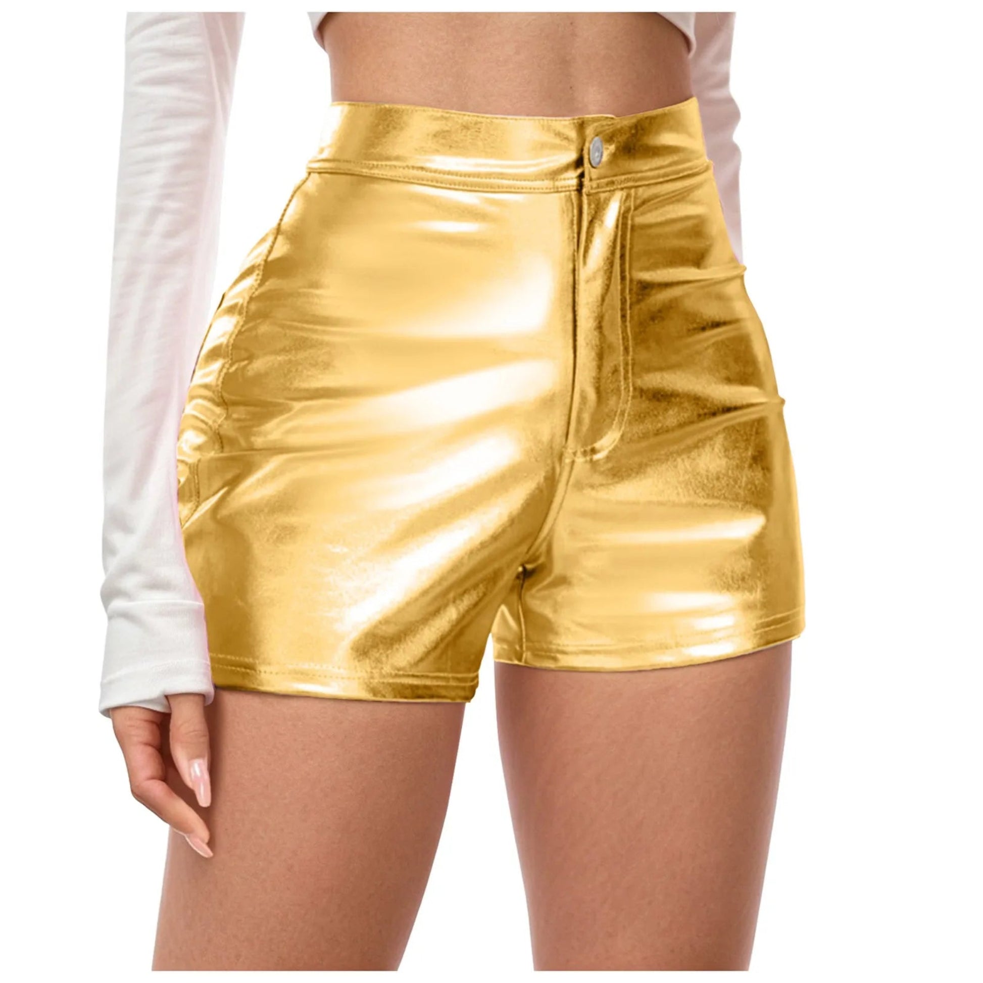 Gold metallic shorts worn by a person on a white background