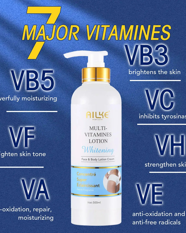AILKE Whitening Body Lotion showcasing 7 major vitamins for skin brightening and moisturizing benefits.