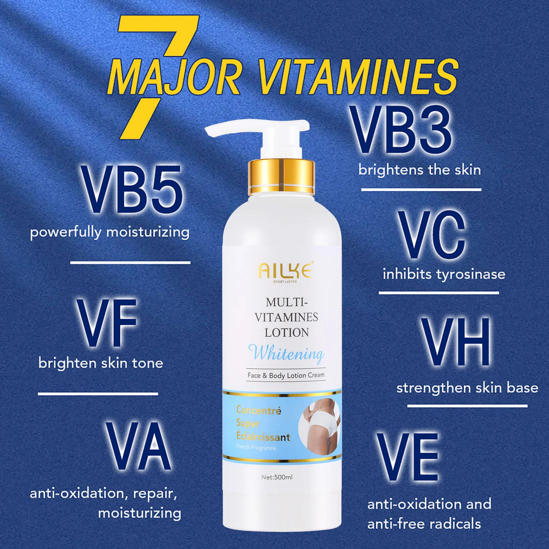 AILKE Multi Vitamins Whitening Body Lotion with smooth skin tones and shiny arms, promoting skin brightness and health.
