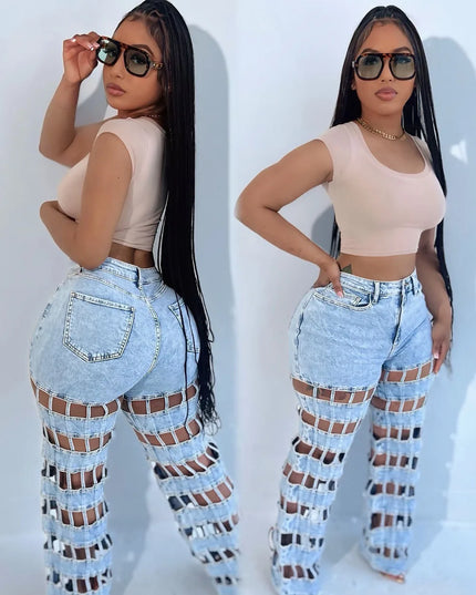Model wearing high waist hollow out denim pants, showcasing hollow out design and stylish fit.