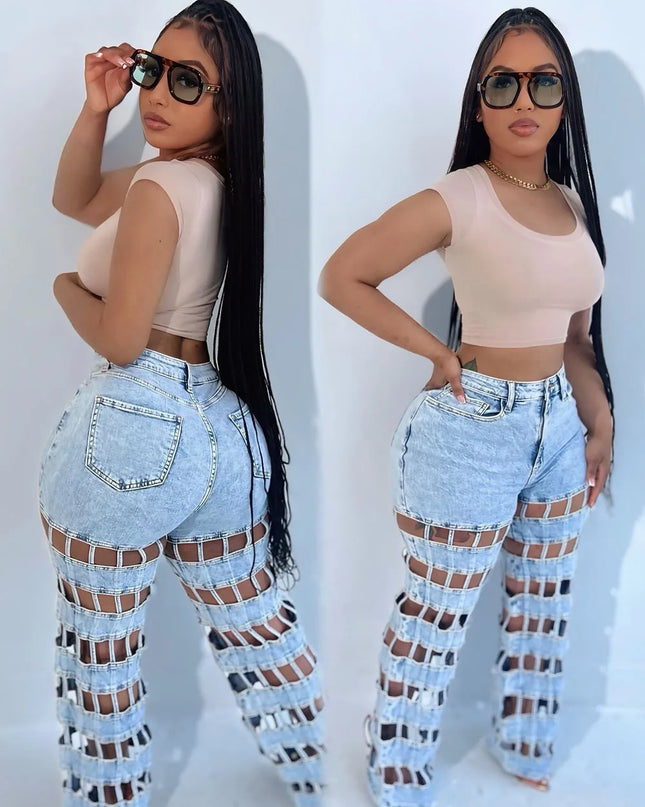 Model wearing high waist hollow out denim pants, showcasing hollow out design and stylish fit.
