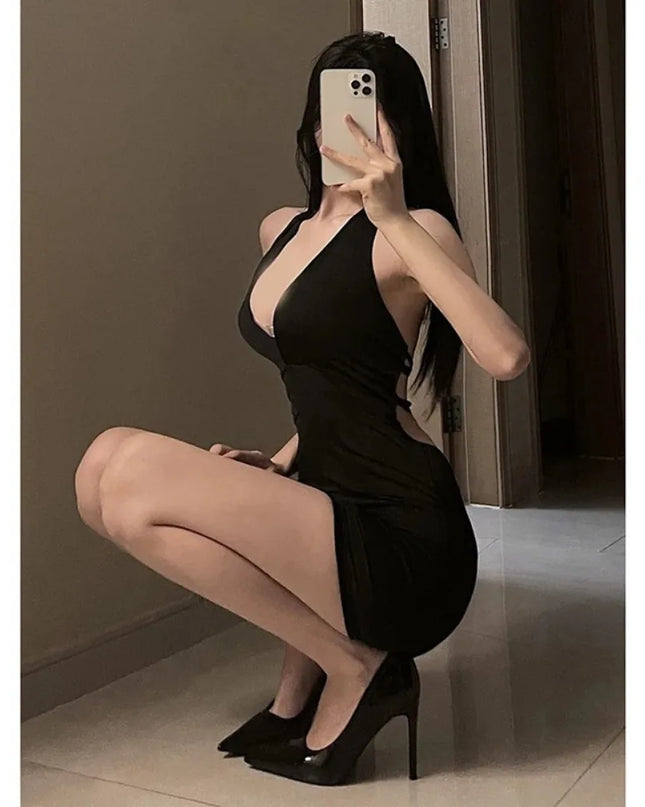 Women Sexy Halter Backless Slim V-neck Wrap Black Party Night Mini Dress, showcasing a slim fit and stylish design.
