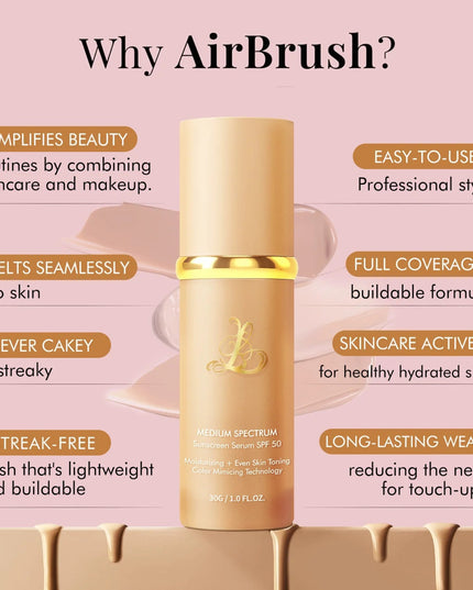 Skincare serum bottle with features listed on a pink background