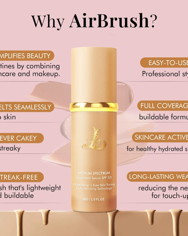Skincare serum bottle with features listed on a pink background
