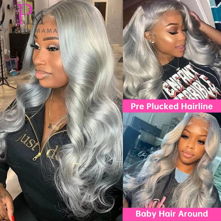 Collage of a woman with silver hair, highlighting pre-plucked hairline and baby hair around features.