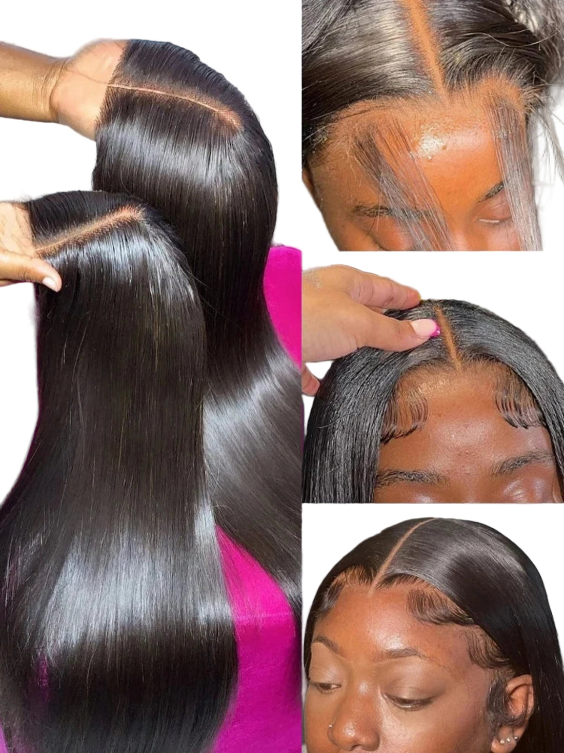 Woman wearing a black lace front wig with a pink top on a gray background
