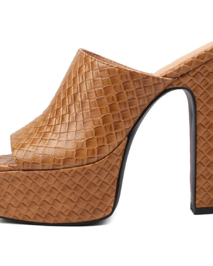 sexy high heels platform slides in a stylish tan color, featuring a textured finish and high platform design.