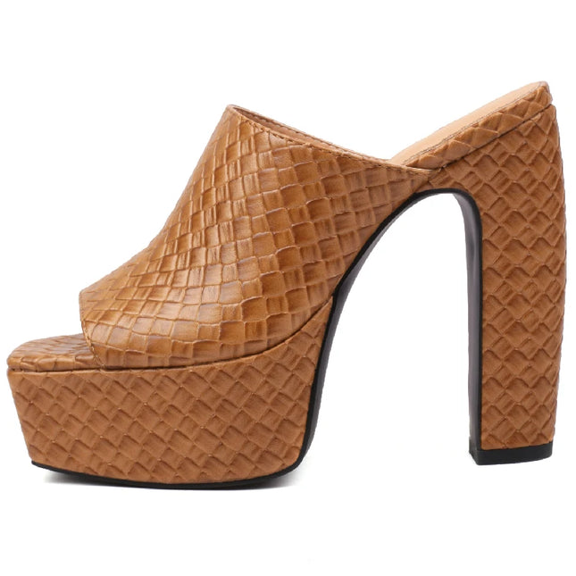sexy high heels platform slides in a stylish tan color, featuring a textured finish and high platform design.