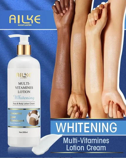 AILKE Multi-Vitamins Whitening Lotion Cream for face and body, showcasing radiant skin tones and smooth texture.