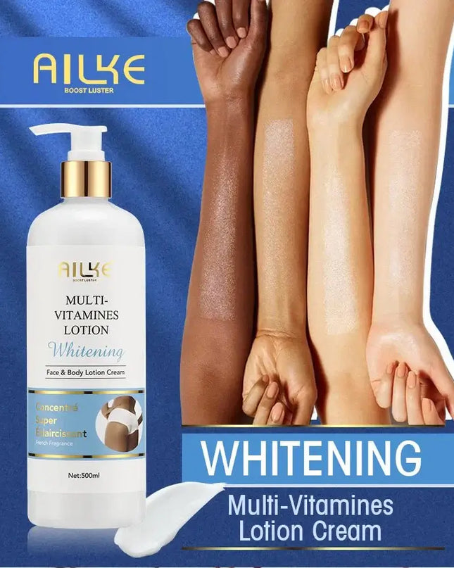 AILKE Multi-Vitamins Whitening Lotion Cream for face and body, showcasing radiant skin tones and smooth texture.
