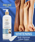 AILKE Multi-Vitamins Whitening Lotion Cream for face and body, showcasing radiant skin tones and smooth texture.