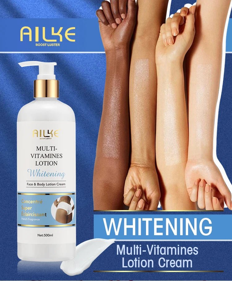 AILKE Multi-Vitamins Whitening Lotion Cream for face and body, showcasing radiant skin tones and smooth texture.